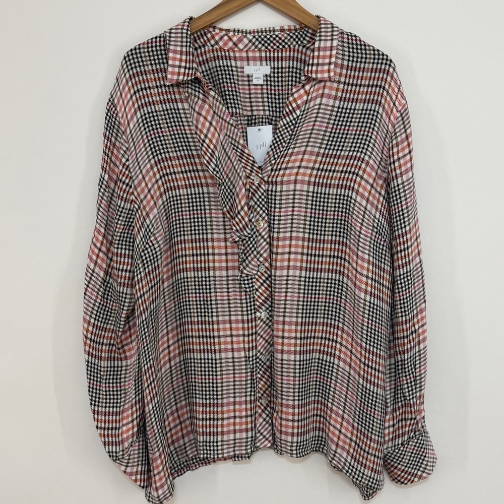 J. Jill Plaid Long Sleeve Ruffle Neck Button Up Shirt TeaRose Size XL